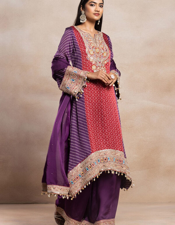 Regal Red & Purple Bandhani Ensemble With Palazzo & Dupatta