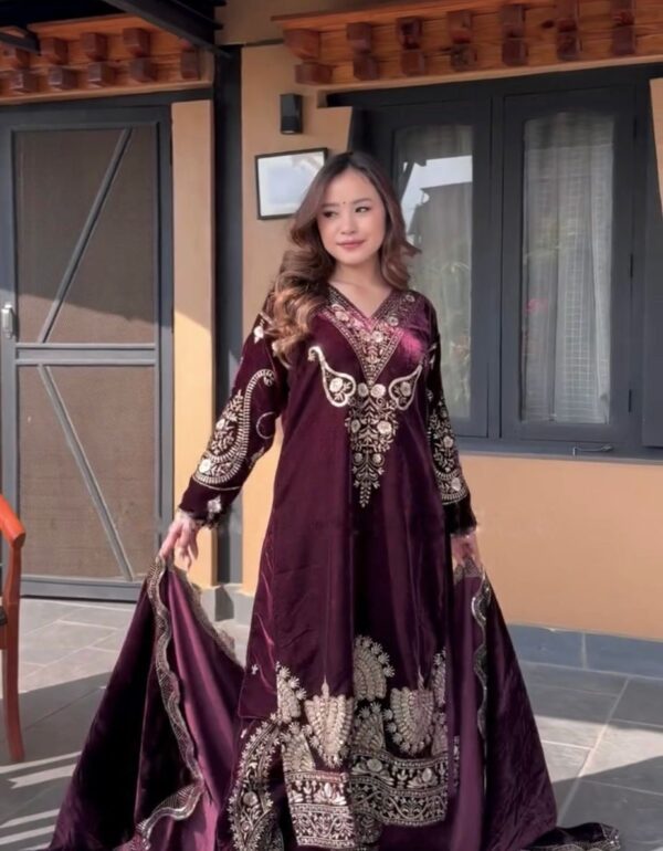 Regal Maroon Velvet Set with Gilded Embroidery