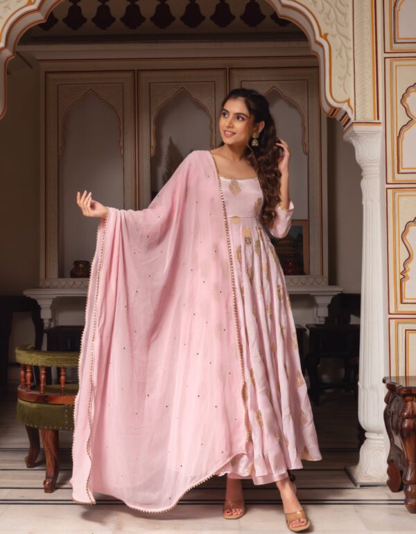Regal Baby Pink Chinon Anarkali Ensemble