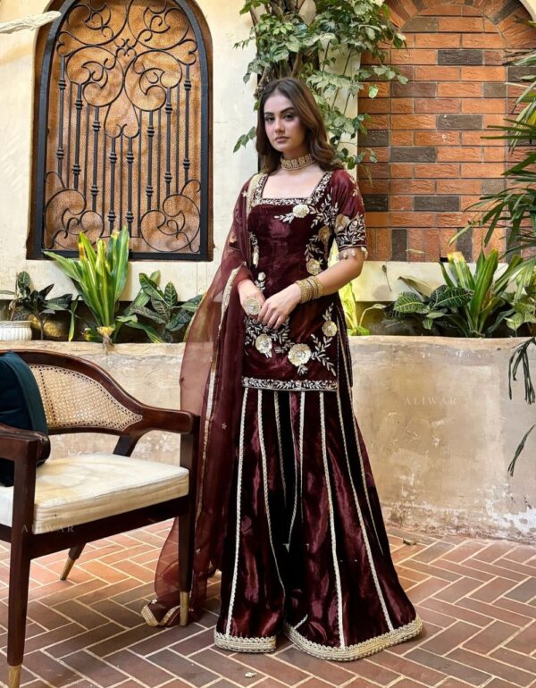 Velvet Regal Embroidered Sharara Ensemble