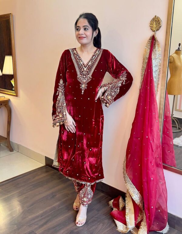 Regal Maroon Velvet Ensemble with Embroidered Dupatta