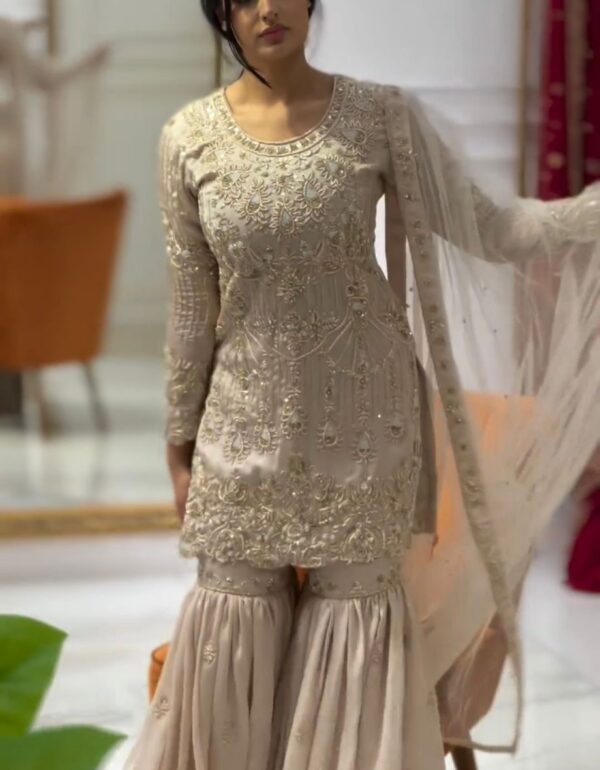 Regal Gold Luxe Sharara Ensemble with Intricate Embroidery