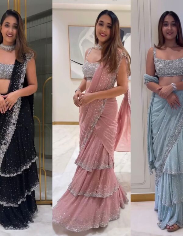 Regal Ruffle Lehenga Saree with Sequin Elegance Blouse