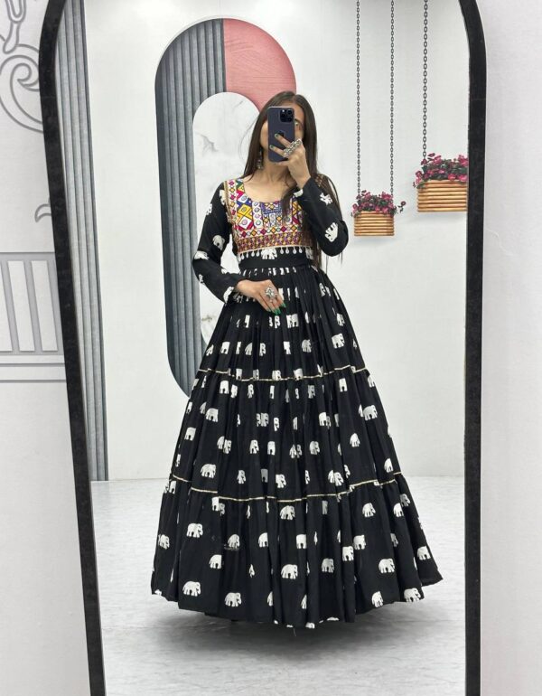 Black Ethnic Elephant Print Mirror Work Navratri Gown