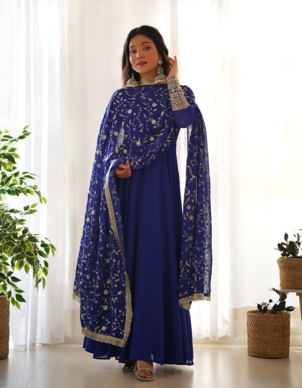 Blue Color Soft Georgette With Embroidery Work Dupatta Anarkali Gown
