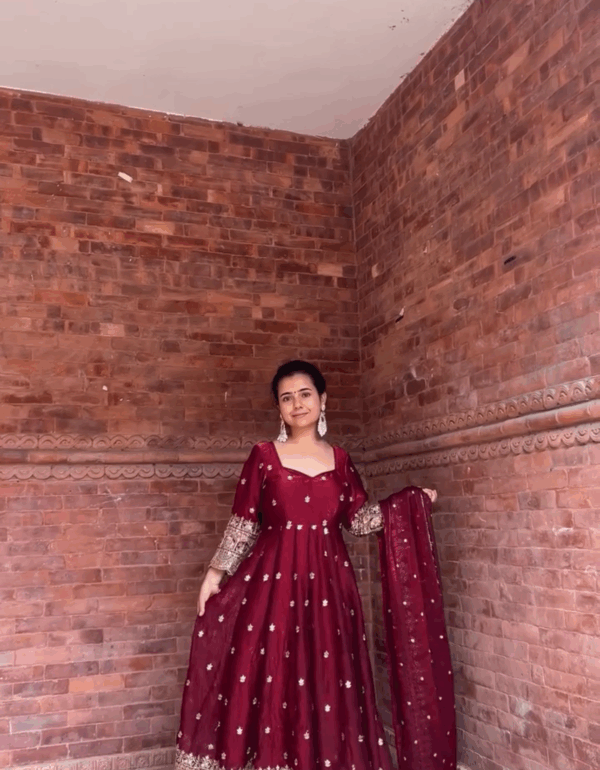 Ruhani Maroon Zari Dori Anarkali Gown Set