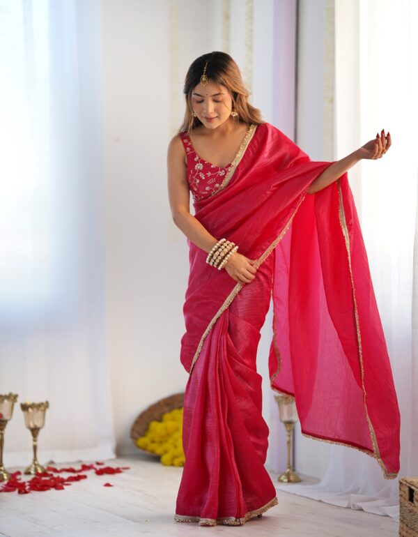 Elegant Pink Saree with Golden Border
