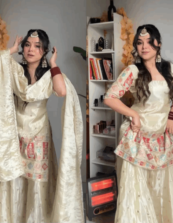 Khushi Silk Heavy Work Off White Sharara Set