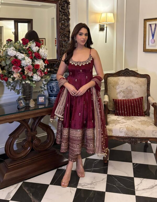 Opulent Maroon Ensemble Anarkali With Dori Latkan