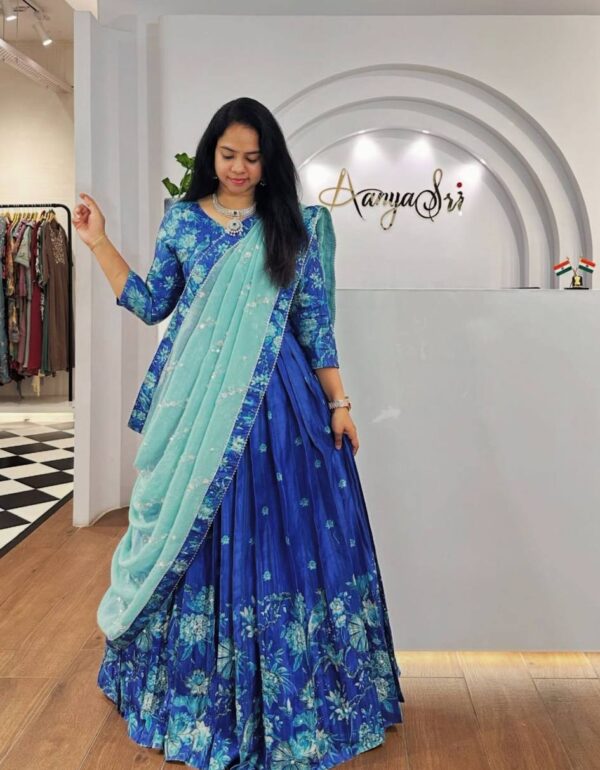 Lyra Blue Tones And Floral Design Digital Print Draped Lehenga