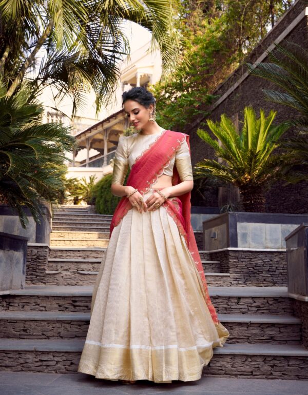 Shubhra Gold Jacquard Lehenga with Contrast Embroidered Dupatta