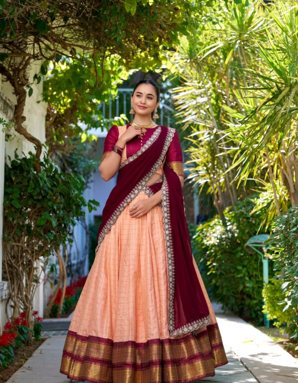 Peach Royale & Navy Lime Gold Zari Embroidered Lehenga Choli