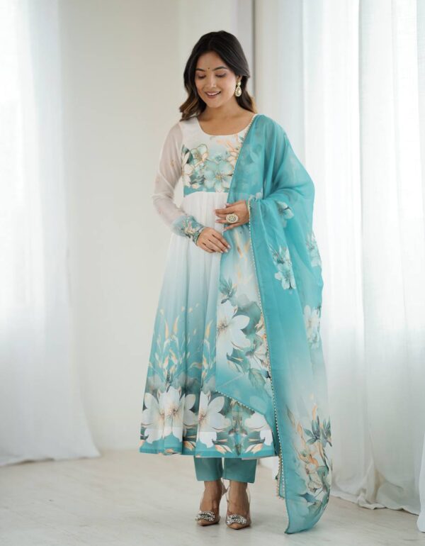 Prachi Aqua Blue & White Floral Print Anarkali Gown