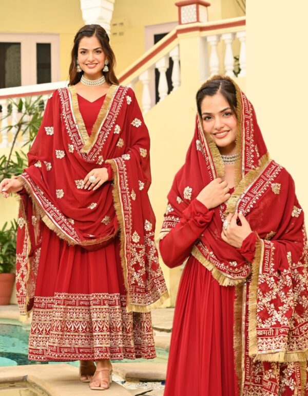 Charvi Regal Vermilion Glow Traditional Red Anarkali Set with Golden Dupatta