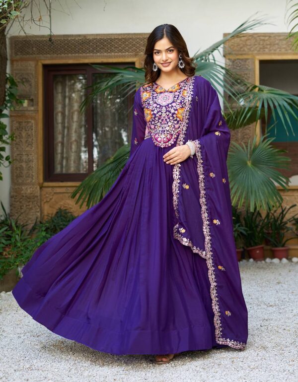 Festive Twinning: Magenta & Violet Mirror Embroidered Gowns