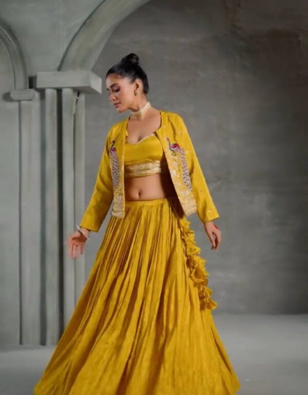 Kashavi Mustard Crop Top with Jacket Lehenga Choli