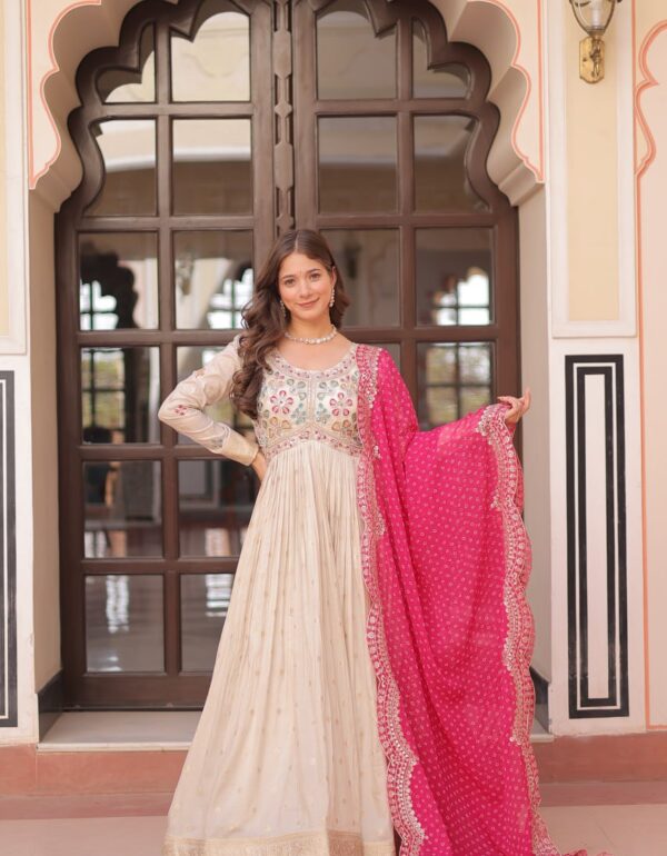 Navrang Elegance - Cosmos Jequard Gown With Bandhani Printed Embroidered Cut work Dupatta Gown Set