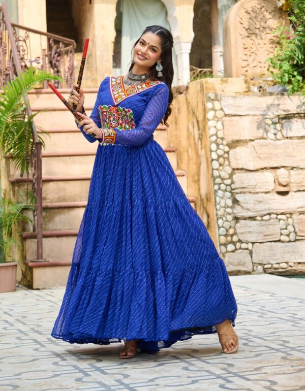 Navrang Twirl Magic: Mirror Embroidered Tiered Flare Gown