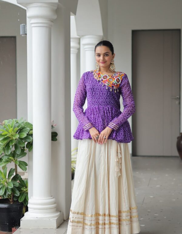 Festive Grace: Mirror-Work Peplum Top with Cream Flared Lehenga