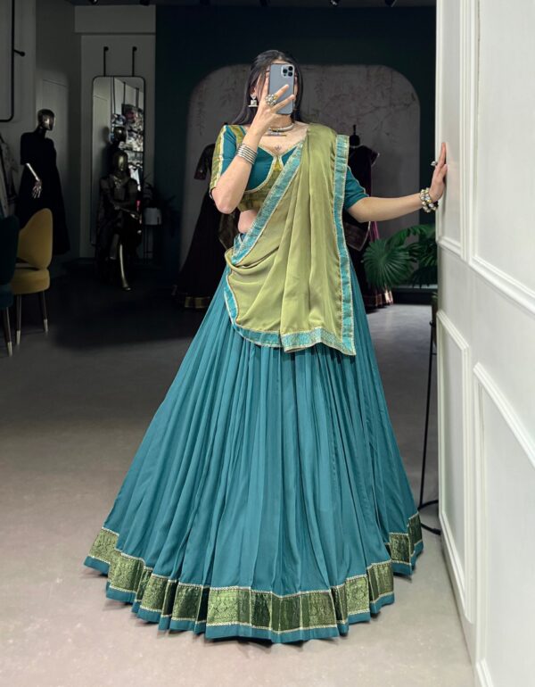 Royal Teal Woven Lehenga Set with Contrast Olive Dupatta