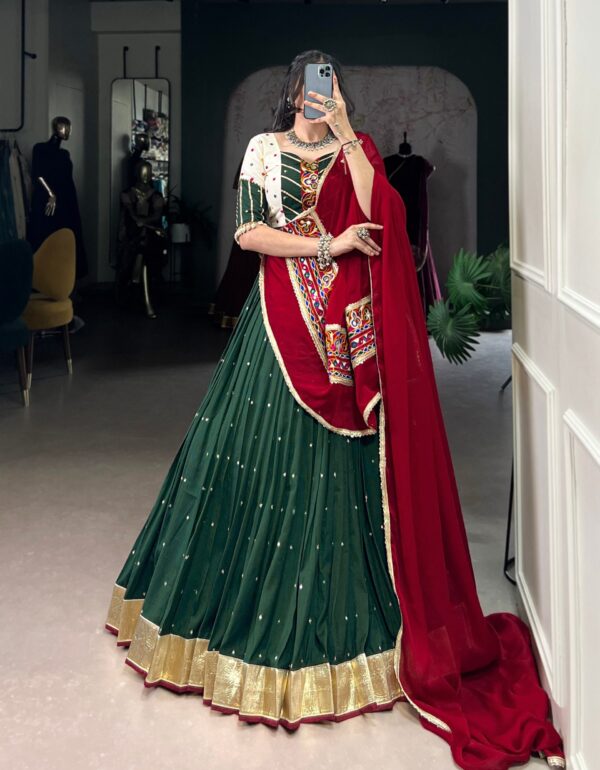Green Mirror Work Chaniya Choli with Maroon Dupatta