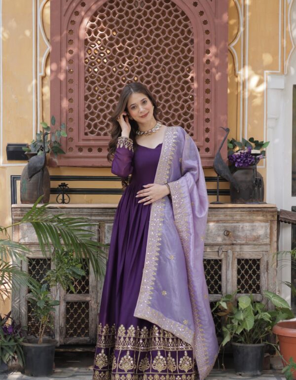 Purple Embroidered Party Wear Gown with Dupatta