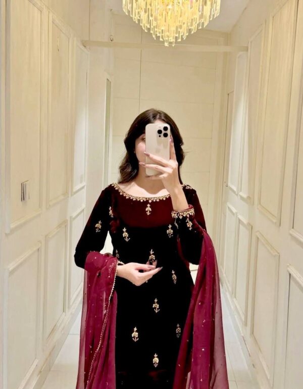 Royal Maroon Velvet Festive Suit with Dupatta