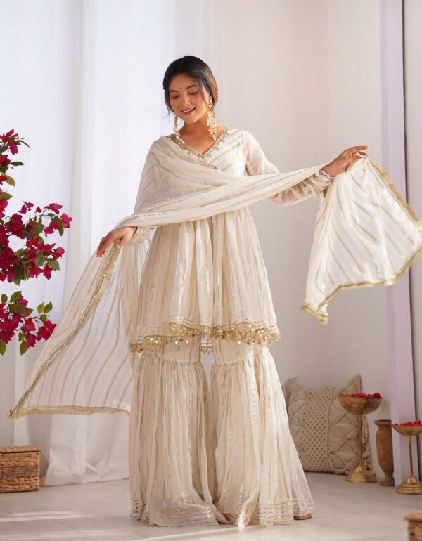 Ivory And Gold Mirror Work Sharara Set