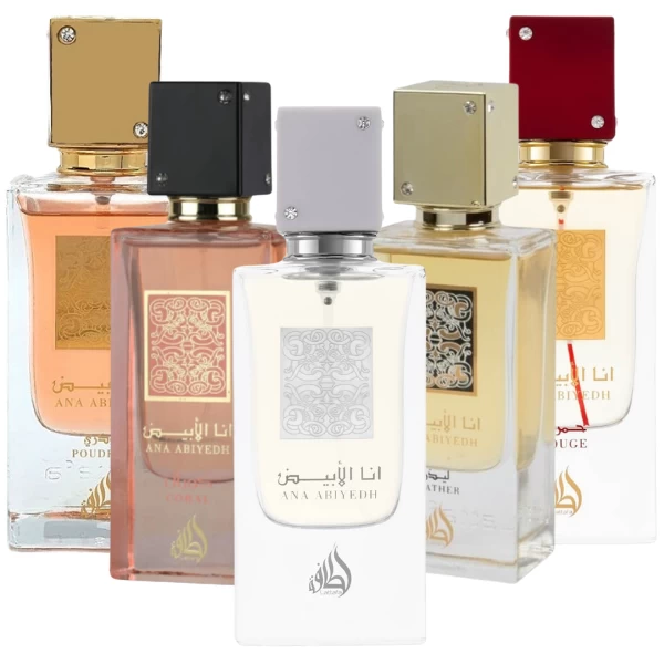 Decant/Sample Pack Of Ana Abiyedh Lattafa Ana Abiyedh Coral,  Ana Abiyedh Poudree, Ana Abiyedh, Ana Abiyedh Rouge, Ana Abiyedh Leather 10mlx5